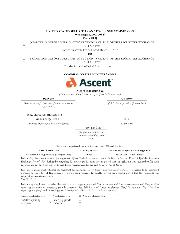 Ascent Industries Co. 2025年季度报告