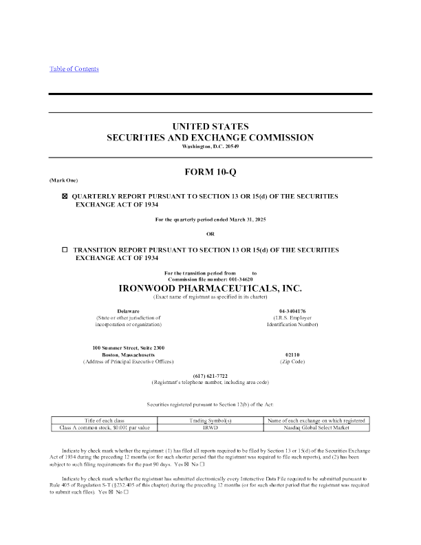 Ironwood Pharmaceuticals Inc-A 2025年季度报告