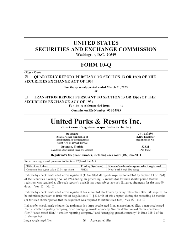 United Parks & Resorts Inc 2025年季度报告