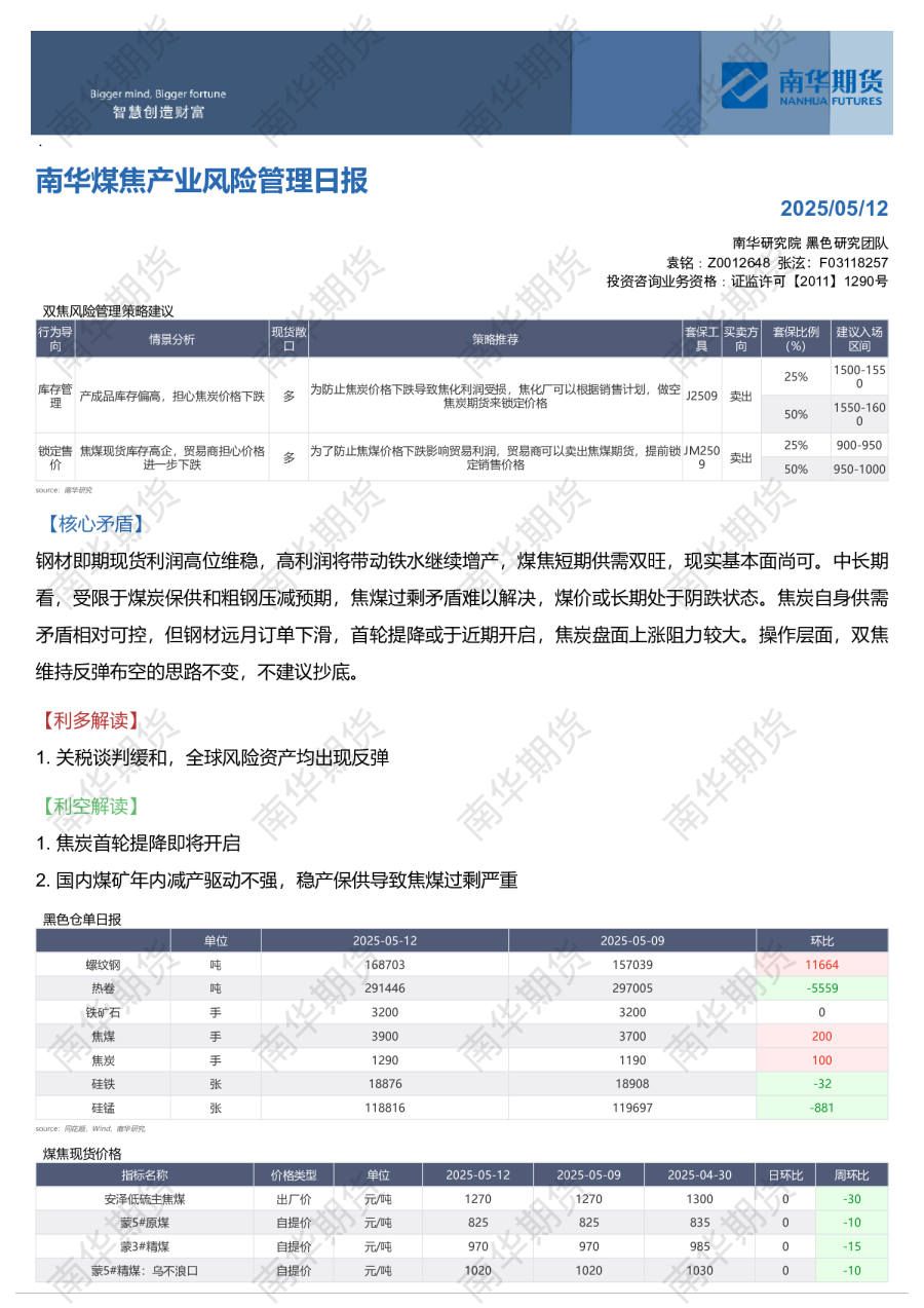 南华煤焦产业风险管理日报20250512