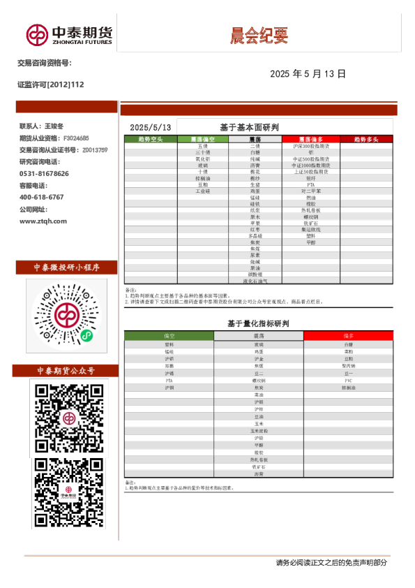 中泰期货晨会纪要