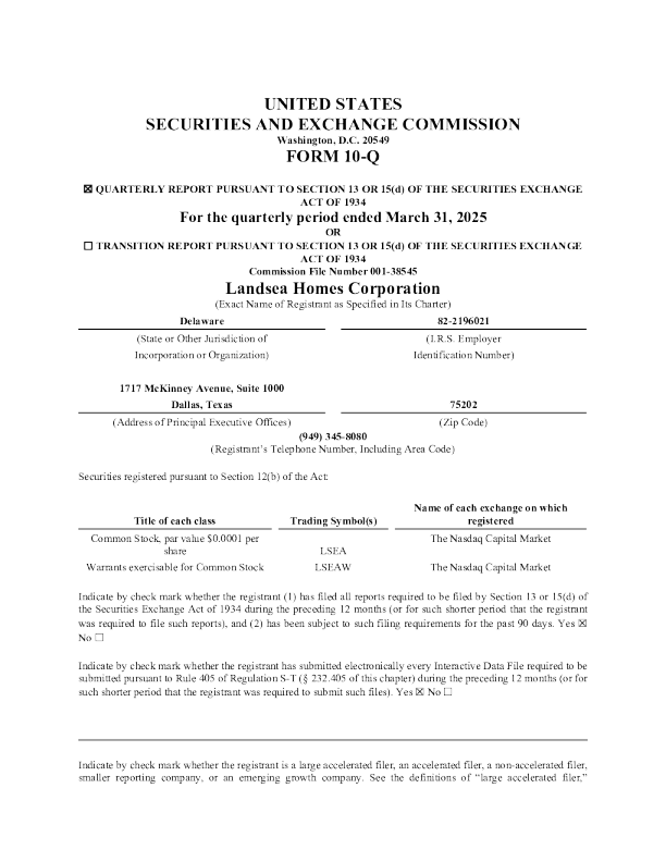 Landsea Homes Corp-A 2025年季度报告