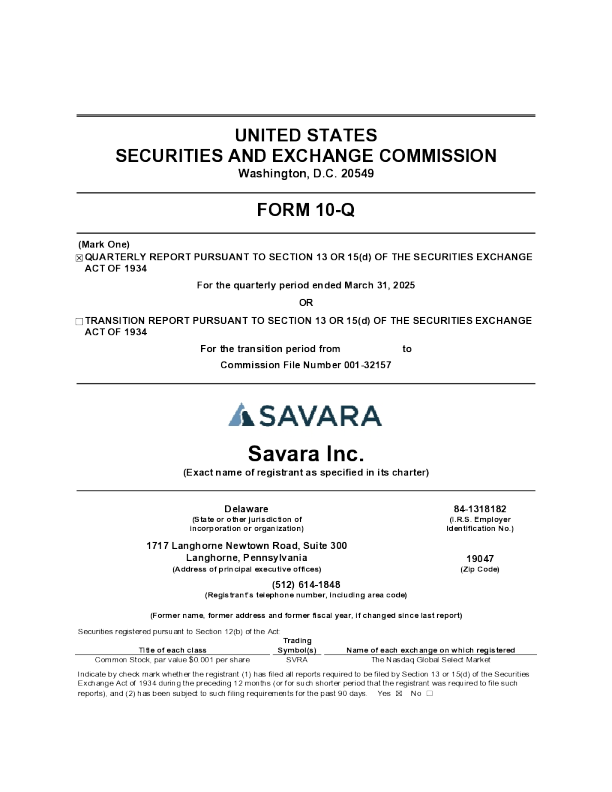 Savara Inc 2025年季度报告