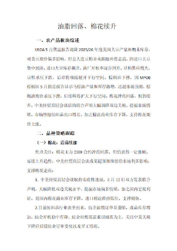 油脂回落、棉花续升