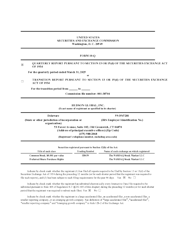 Hudson Global Inc 2025年季度报告