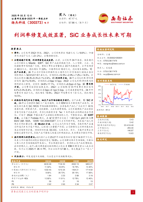 2025年一季报点评：利润率修复成效显著，SiC业务成长性未来可期