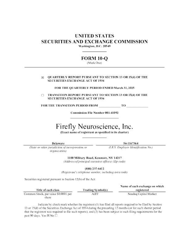 Firefly Neuroscience Inc 2025年季度报告