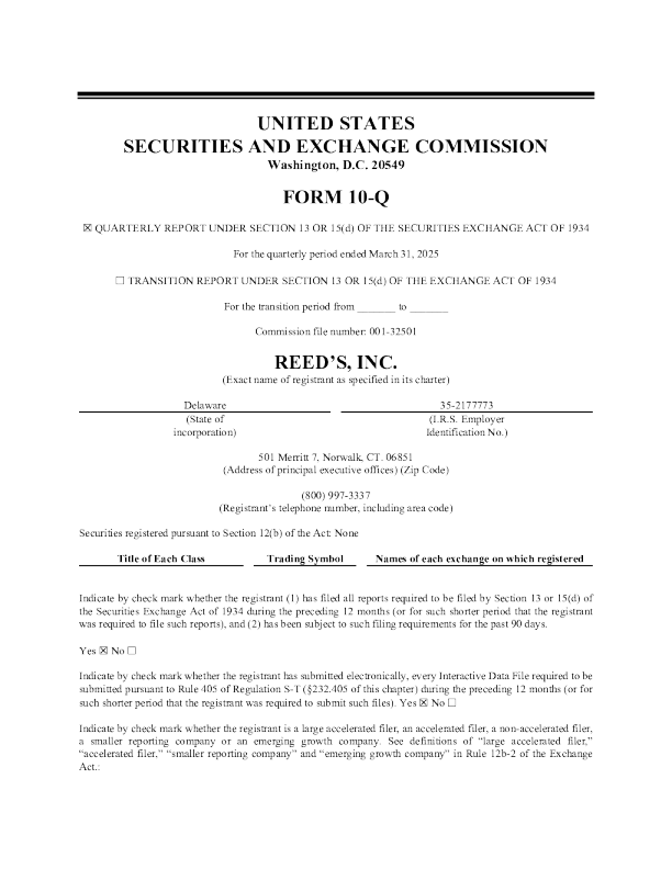 Reeds Inc 2025年季度报告