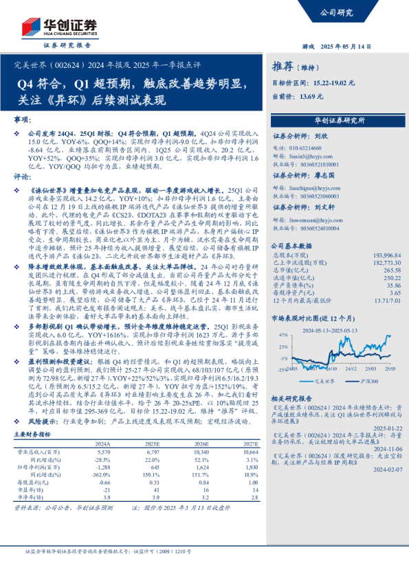 2024年报及2025年一季报点评：Q4符合，Q1超预期，触底改善趋势明显，关注《异环》后续测试表现