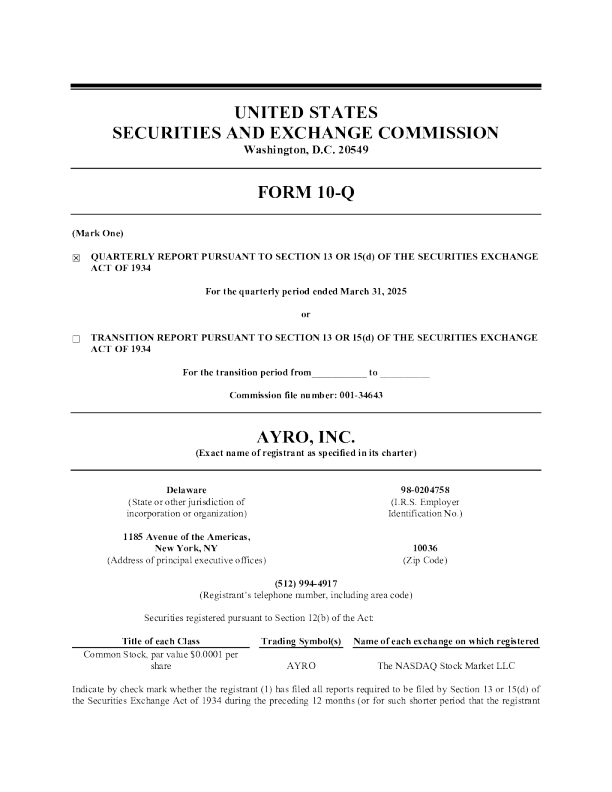 AYRO Inc 2025年季度报告