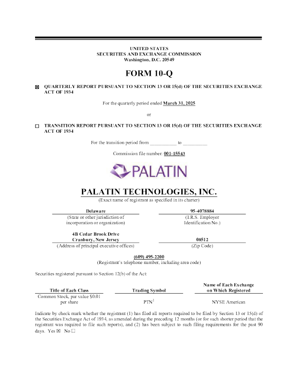 Palatin Technologies Inc. 2025年季度报告