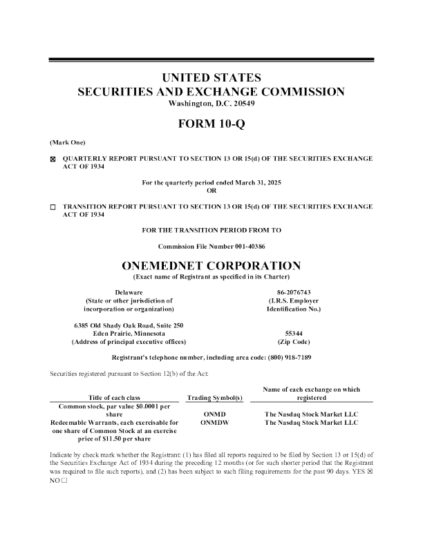 OneMedNet Corp 2025年季度报告
