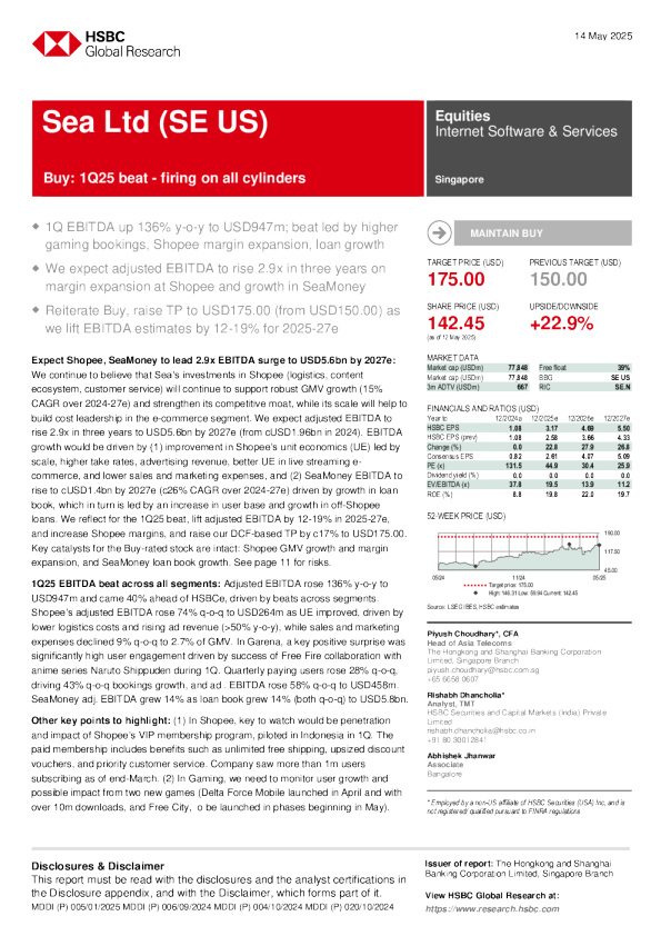 Sea有限公司（SE）：Sea Ltd（SE）买入2025年第一季度业绩超预期 - 全面发力