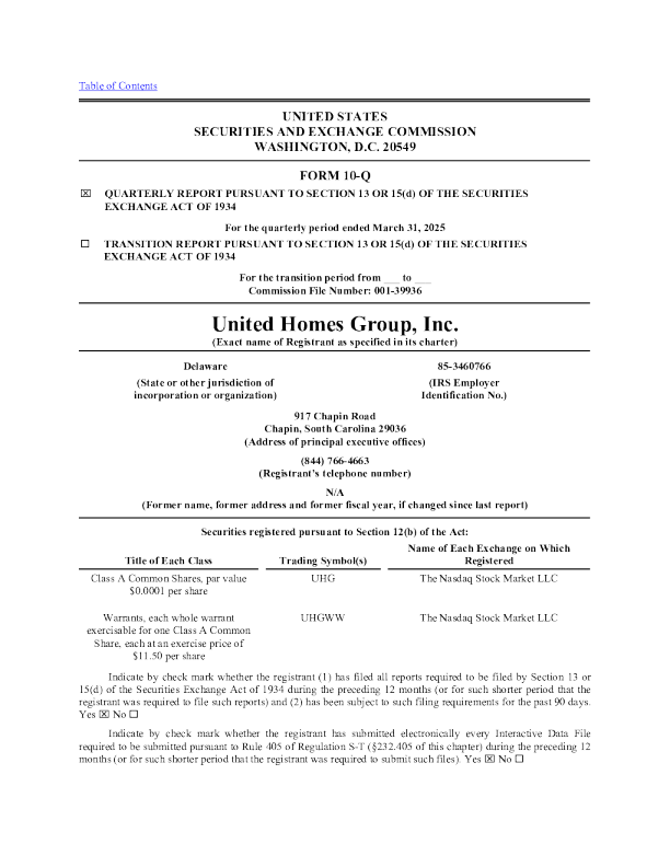 United Homes Group Inc-A 2025年季度报告