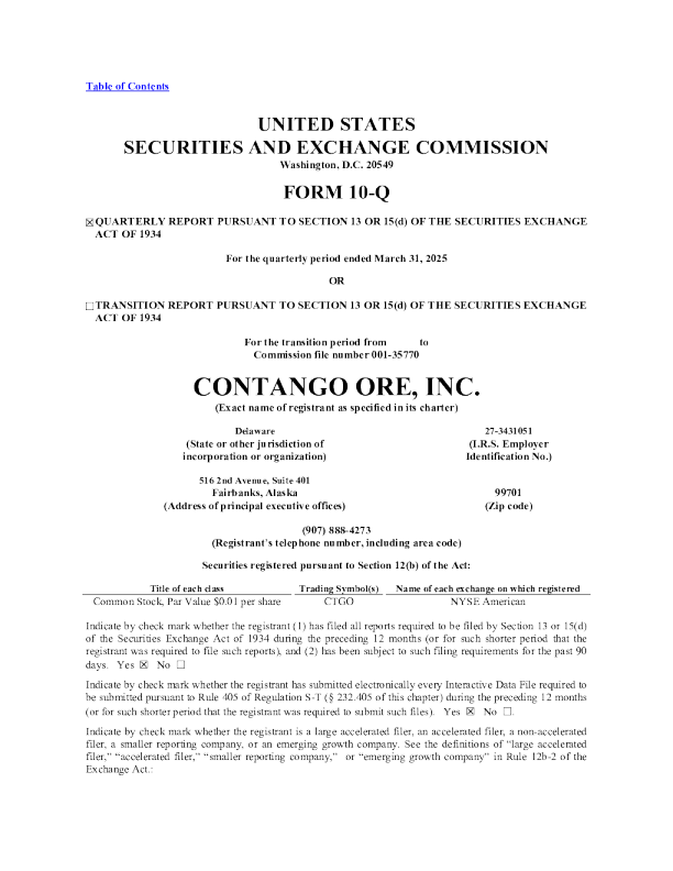Contango ORE Inc 2025年季度报告