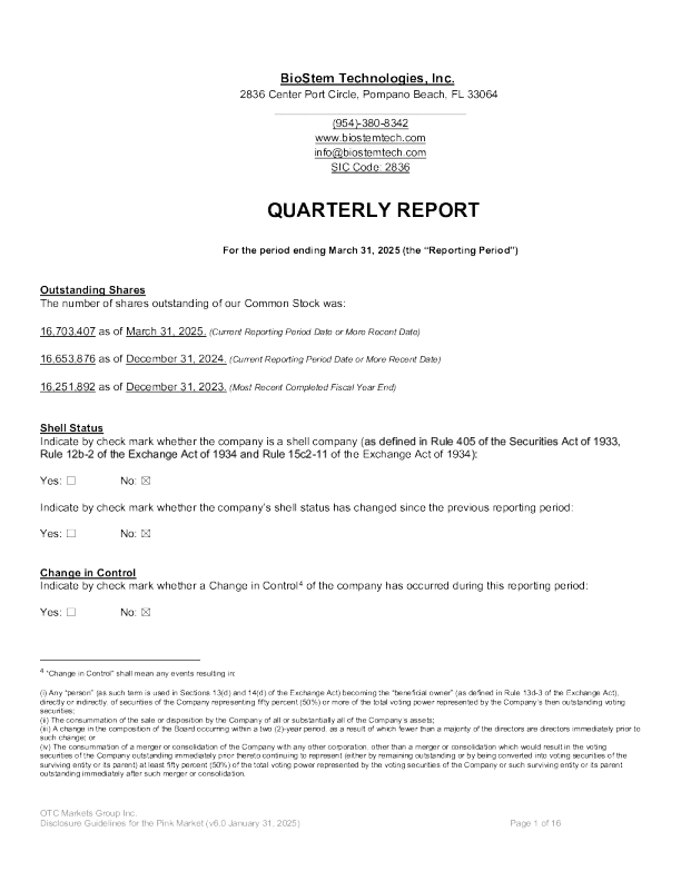 BioStem Technologies Inc 2024年度报告