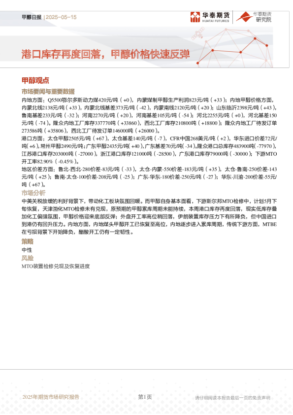 港口库存再度回落，甲醇价格快速反弹