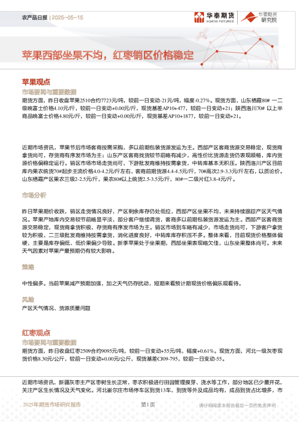 苹果西部坐果不均，红枣销区价格稳定