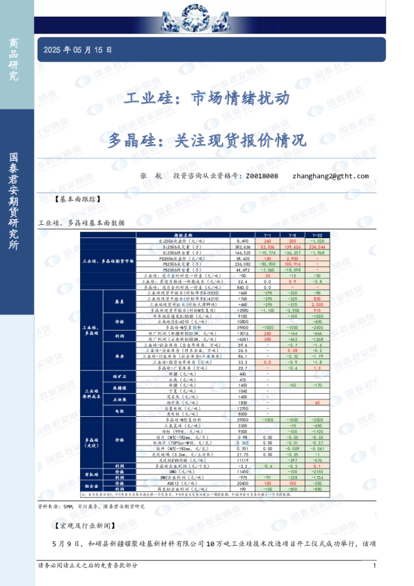 工业硅：市场情绪扰动，多晶硅：关注现货报价情况