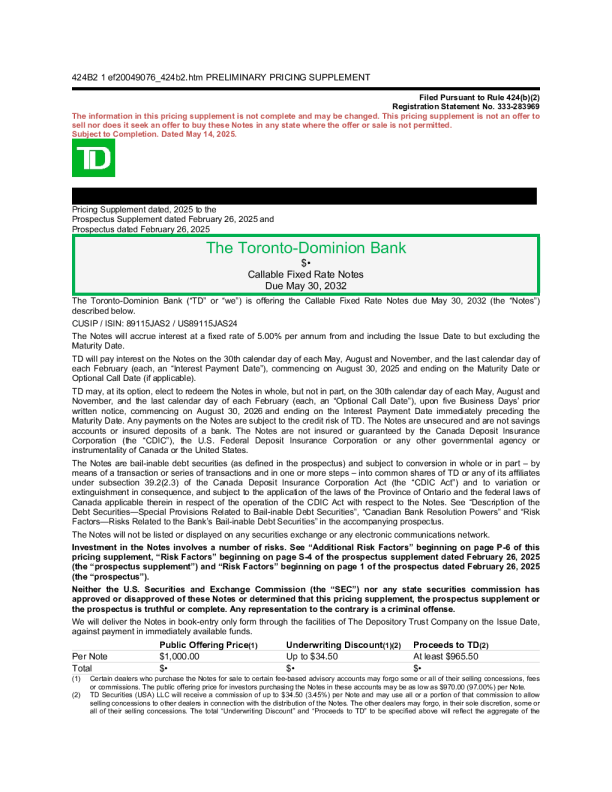 道明银行美股招股说明书(2025-05-15版)