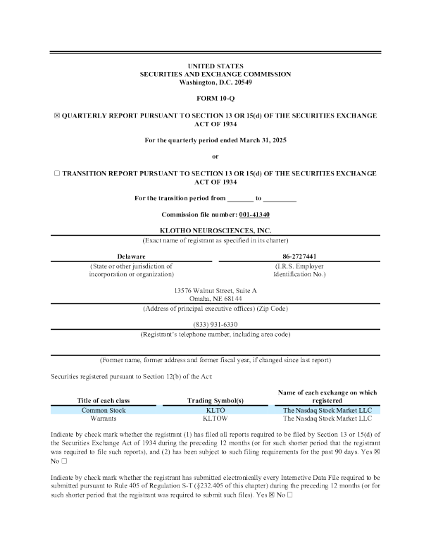Klotho Neurosciences Inc 2025年季度报告