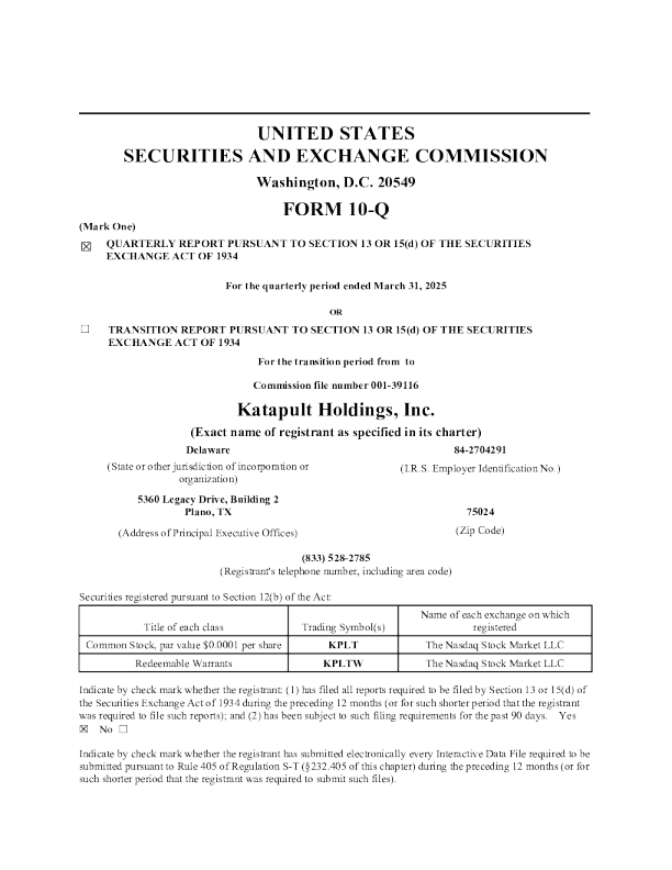 Katapult Holdings Inc 2025年季度报告