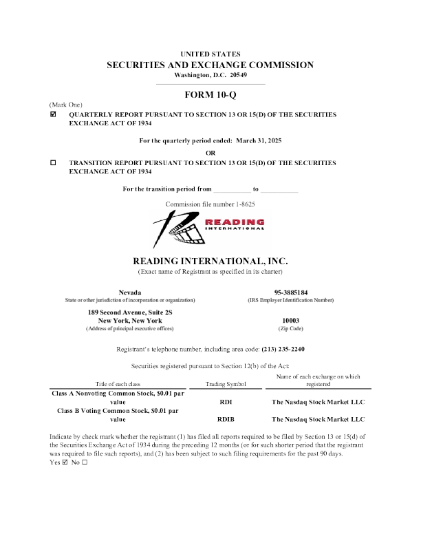 Reading International Inc-A 2025年季度报告