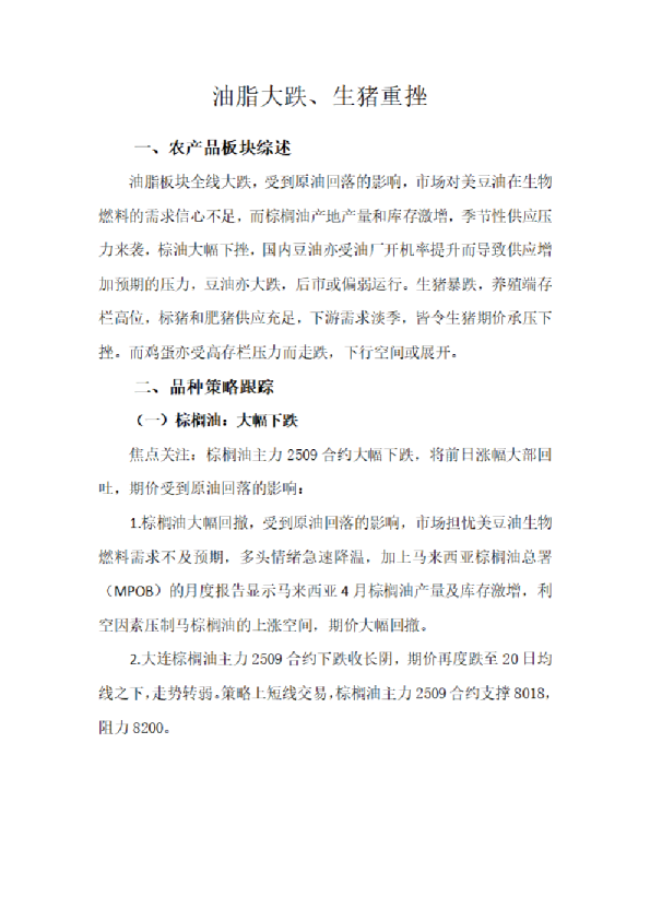 油脂大跌、生猪重挫