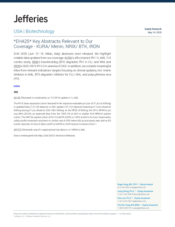 与我们覆盖范围相关的EHA25关键摘要- KURAMenin，NRIXBTK，IRON