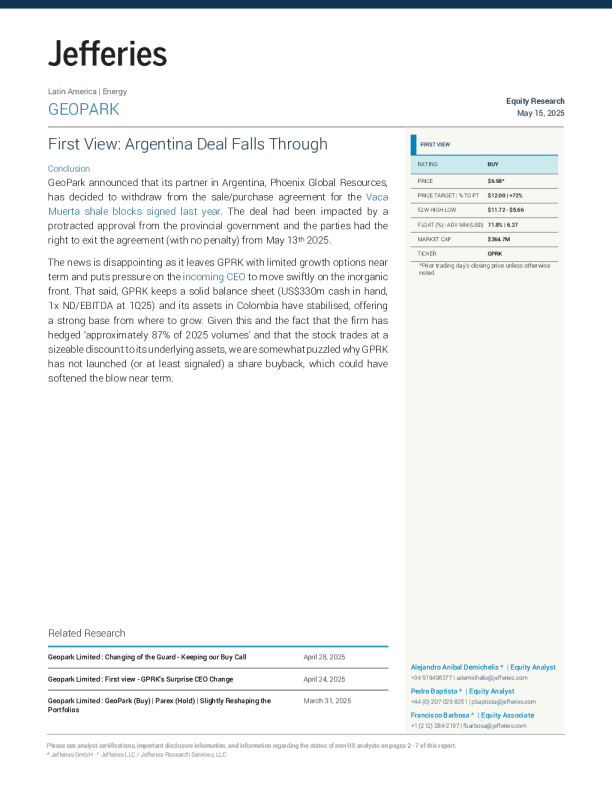 GeoPark（GPRK）：初步观点阿根廷交易失败
