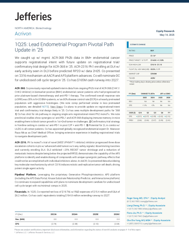Acrivon Therapeutics (ACRV): 2025年第一季度领先的子宫内膜项目关键路径更新