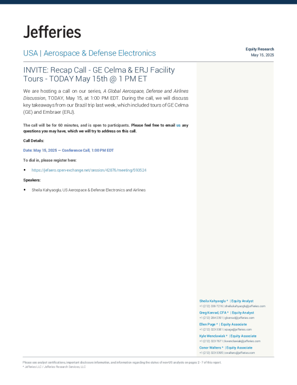 邀请GE Celma和ERJ设施参观回顾电话会议-今日美国东部时间下午1点