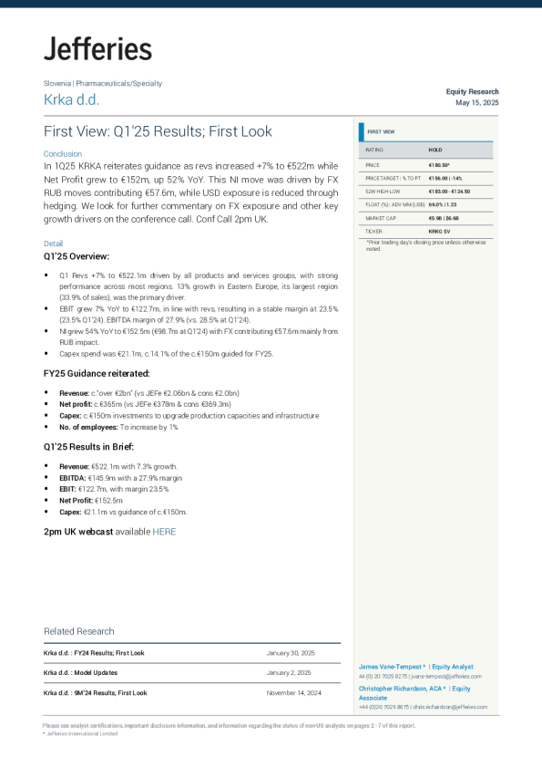 Krka d.d. 2025年第一季度业绩初步观察