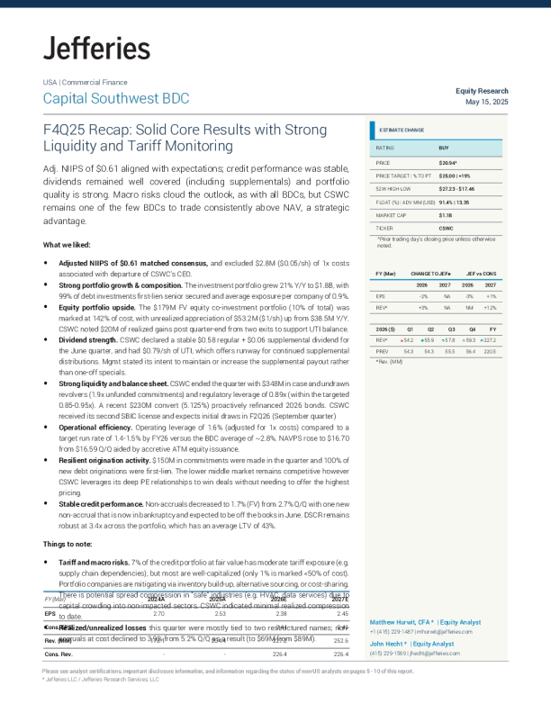 西南资本商业发展公司(CSWC):2025财年第四季度回顾核心业绩稳健,流动性强劲且关税监测到位
