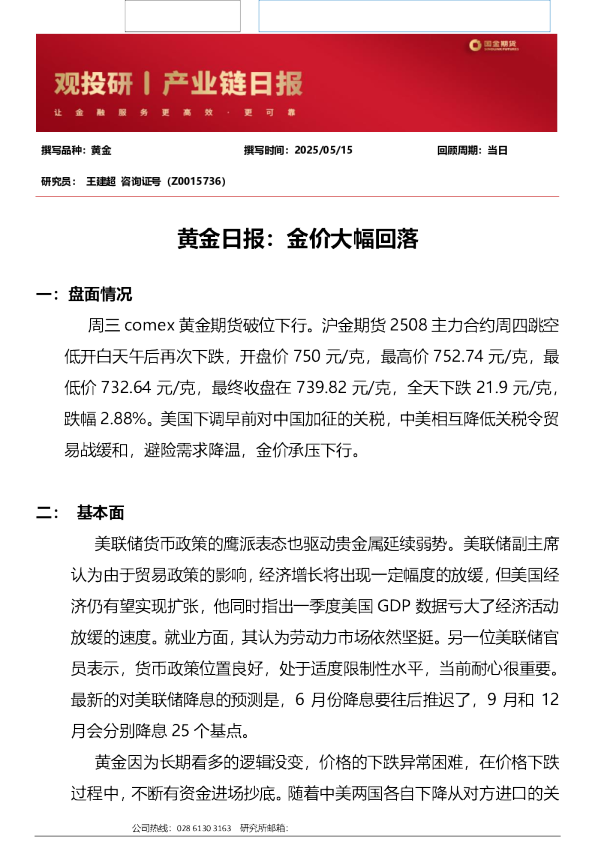 黄金日报：金价大幅回落