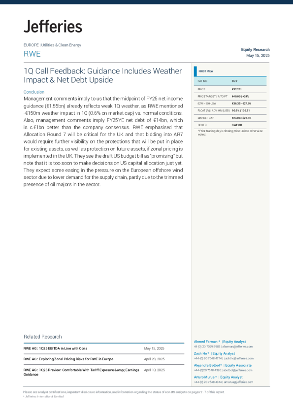 RWE AG：2025年第一季度EBITDA符合市场预期