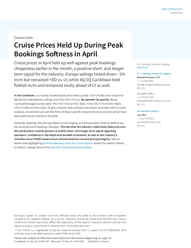 4月预订量疲软高峰期邮轮价格坚挺