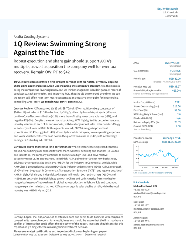 艾仕得涂料系统（AXTA）：第一季度回顾逆潮畅游