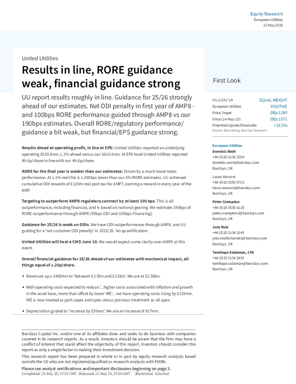 联合公用事业公司：业绩符合预期，RORE指引较弱，财务指引强劲