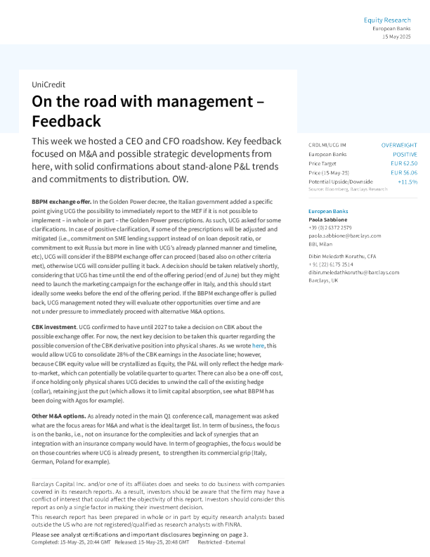 联合信贷银行（UCG）：与管理层同行——反馈