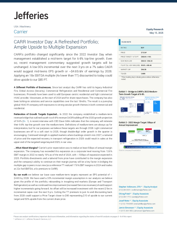 开利公司投资者日：更新后的投资组合；多重扩张的充足上行空间