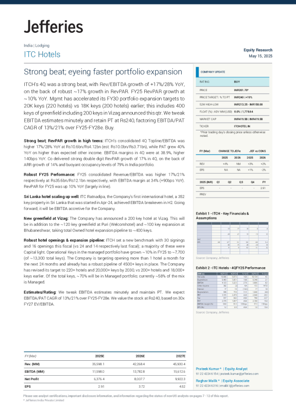 ITC酒店：强劲表现；着眼于更快的投资组合扩张