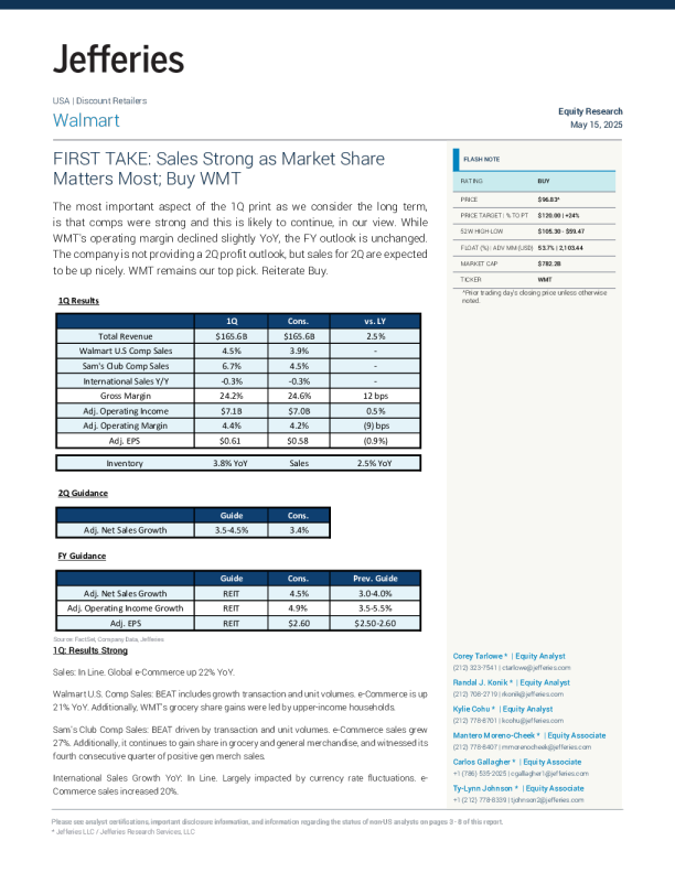 沃尔玛（WMT）：销售强劲，市场份额最为重要；买入评级