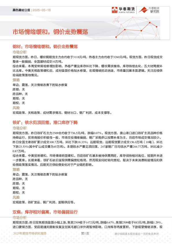 市场情绪缓和，钢价走势震荡