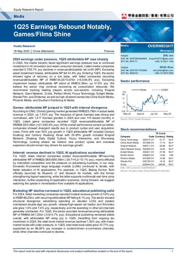 1Q25 财报显著反弹 游戏电影表现亮眼