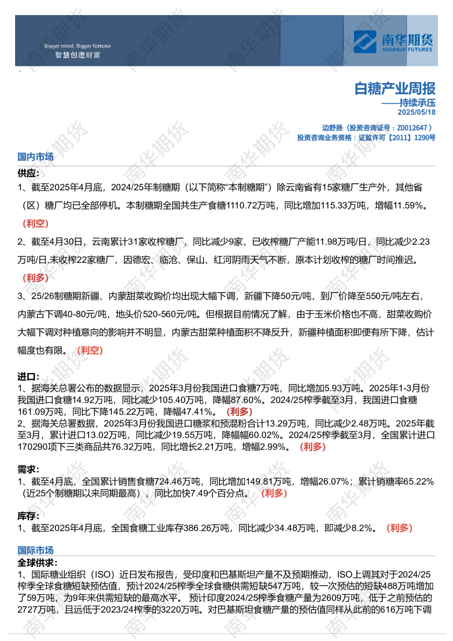 白糖产业周报——持续承压