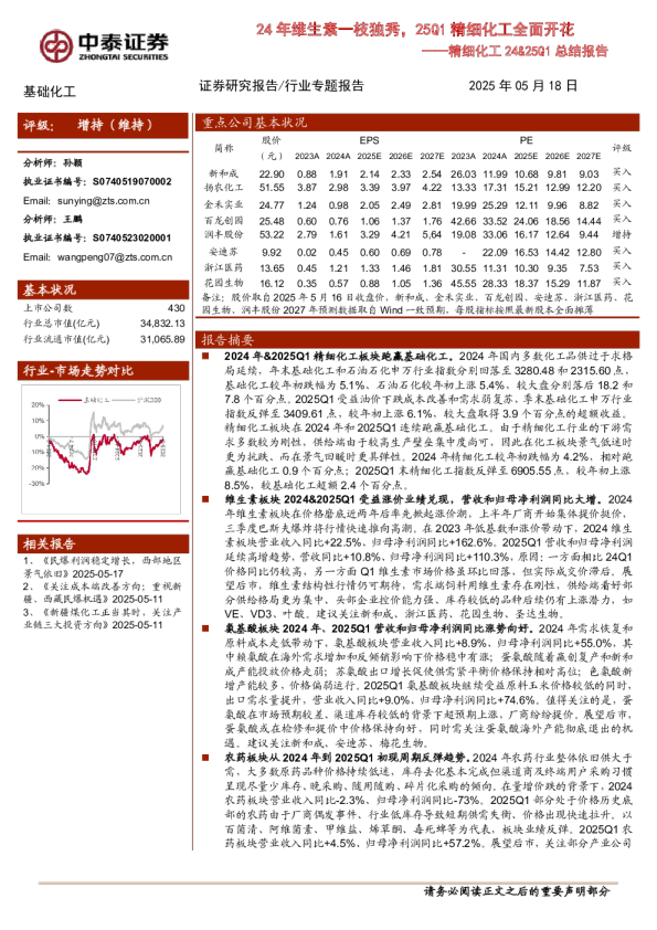 精细化工24&25Q1总结报告：24年维生素一枝独秀 25Q1精细化工全面开花