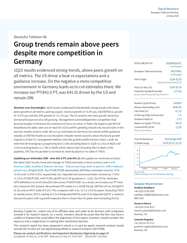 德国电信集团趋势仍高于同行，尽管德国市场竞争加剧