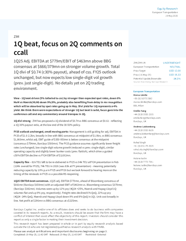 以星航运(ZIM):第一季度业绩超预期,关注第二季度电话会议评论