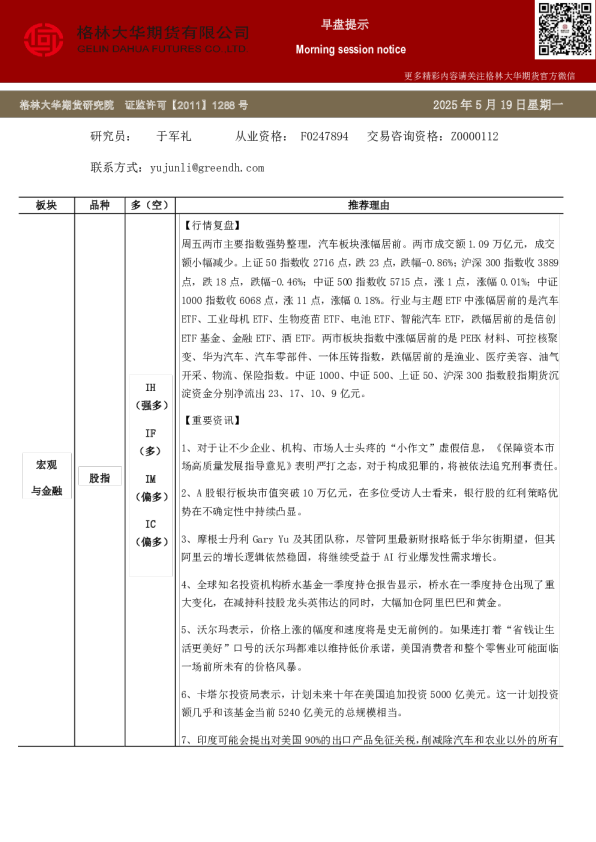 格林大华期市早班车：股指